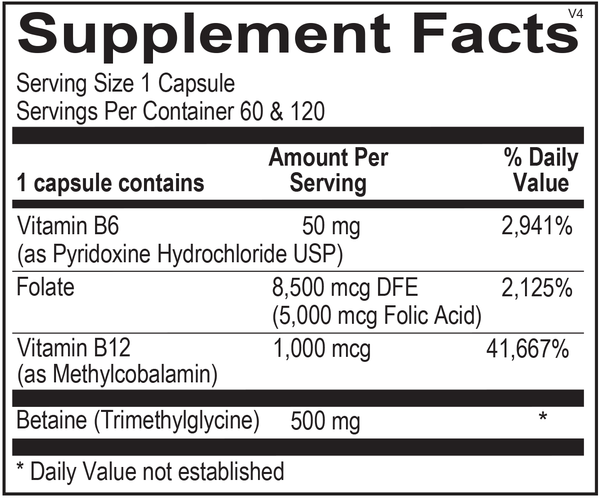 Cardio B uses high doses of folic acid, B12, B6 and trimethylglycine (betaine) to support homocysteine balance